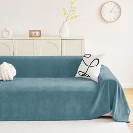 hyha Couch Cover for Dogs, Boho Sofa Covers for 3 Cushion Couch Washable, Chenille Sofa Slipcover for Pets, Soft Loveseat Sectional Couch Throw Blankets with Tassels (Blue, 71x118 Inch)