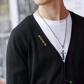 Unbranded Unisex's Men Blue Silver Stainless Steel Cross Pendant Necklace Chain Nice GIft