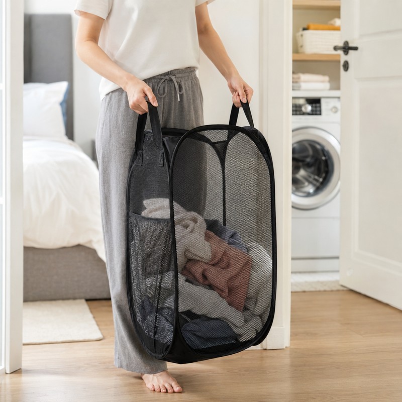 Collapsible Mesh Pop Up Laundry Hamper with Handles & Side