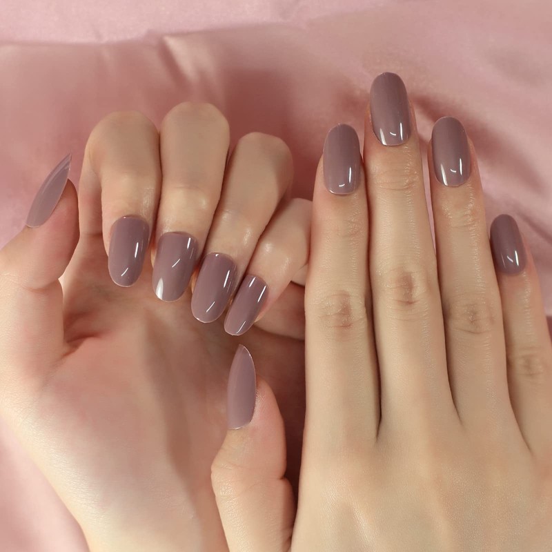 Medium Length Glossy Oval Fake Nails Light Purple Grey Press