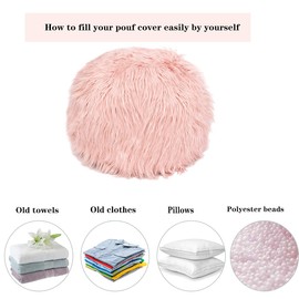 Adeco Unstuffed Ottoman Pouf Covers,19x15 inch Faux Fur Foot Stool,Round Floor Storage Cushion Covers for Living Room, Bedrooms, Home Decor (Pink)