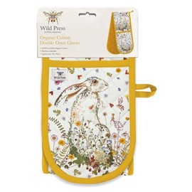 Double Oven Gloves - Organic Cotton - Floral Design - Wildflower Hare and Butterflies - Stylish Kitchenware