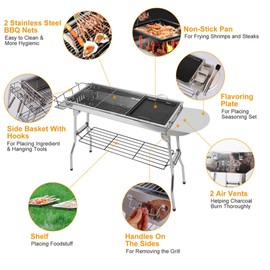 KOCASO Foldable Barbecue Charcoal BBQ Grill, Folding BBQ Grill, Portable Stainless Steel Barbeque Grill For Picnic Camping Backyard Cooking, Foldable Grill Table with Non-Stick Frying Pan, Silver