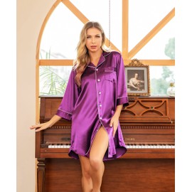 Vlazom Women's Silk Nightshirt Button Down Satin 3/4 Sleeve Nightgwon Boyfriend Sleepshirt Notch Collar Sexy Nightdress Purple,XXL