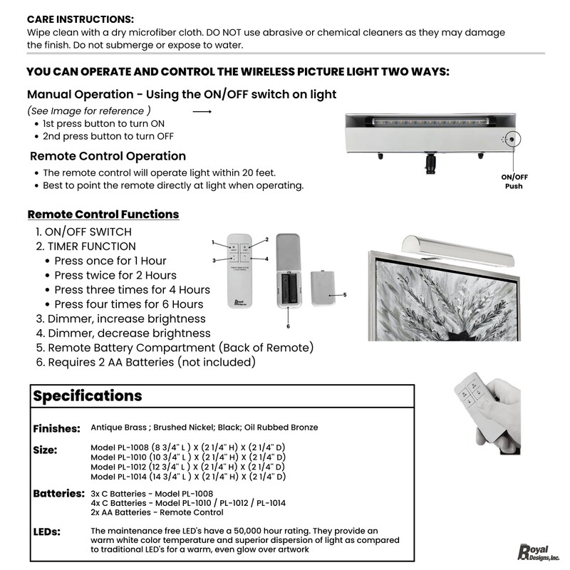 Royal Designs, Inc. Cordless Remote Control LED Picture Light, Dimmable