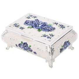 Vintage Jewelry Box, Vintage Roses Embossed Design Zinc Alloy Glossy Small Jewelry Box Trinket Treasure Antique Keepsake (silver white blue rose)