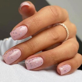 BAOYAALIN Press on Nails Short Medium Square Nude Pink Fake Nails with Exquisite Design Natural Artificial Acrylic False Press ons Full Cover Stick on Nail for Women Girls Daily Wear Wedding 24Pcs