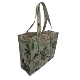 Mango Paisley Women's Unique Quilted Large Cotton Fabric Tote Bag Travel Grocery Shopping Weekend Trips with Inside Pocket - Tropical Safari (Off-White)