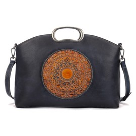 ah arctic hunter Genuine Leather Handbags for Women, Organizer Crossbody Bag Large Satchel Vintage Embossing Totem Shoulder Bag, Navy Blue, 14.37*4.13*10.63inches
