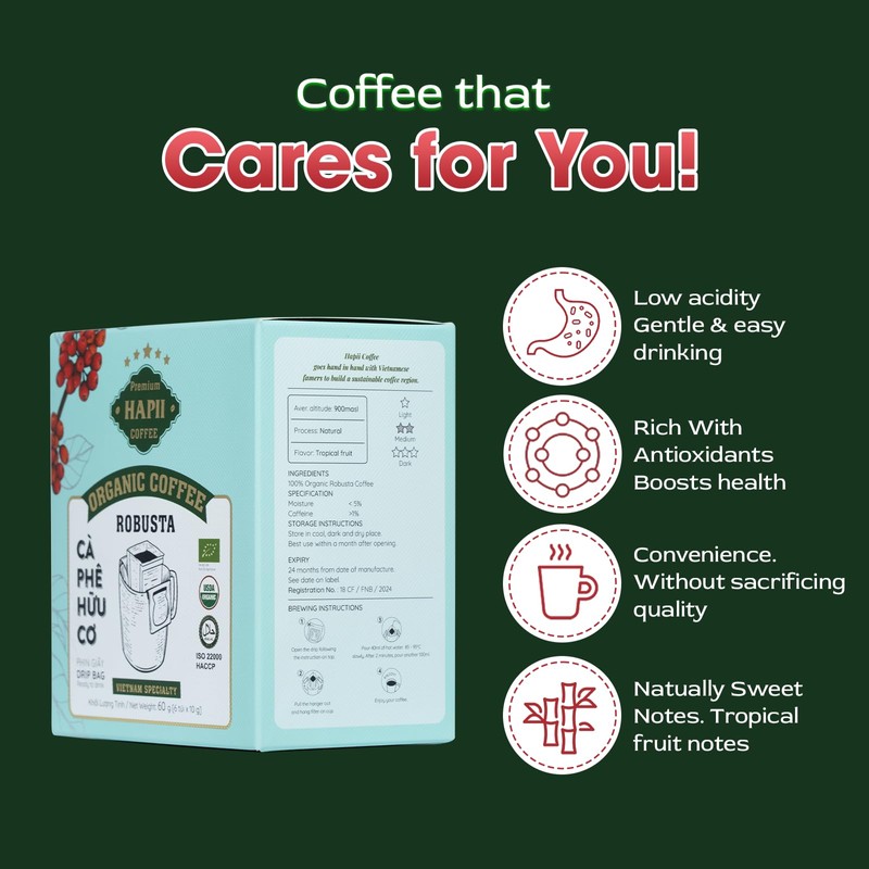 Hapii Organic Coffee Ground, 100% Robusta Vietnamese Coffee, Medium Roast,