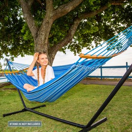 SUNCREAT SUNCREAT Hammocks Double Hammock with Curved Spreader Bar, Outdoor Portable Hammock with Carrying Bag & Tree Straps for Bedroom, Patio, Backyard, Balcony, Max 450lbs Capacity, Blue