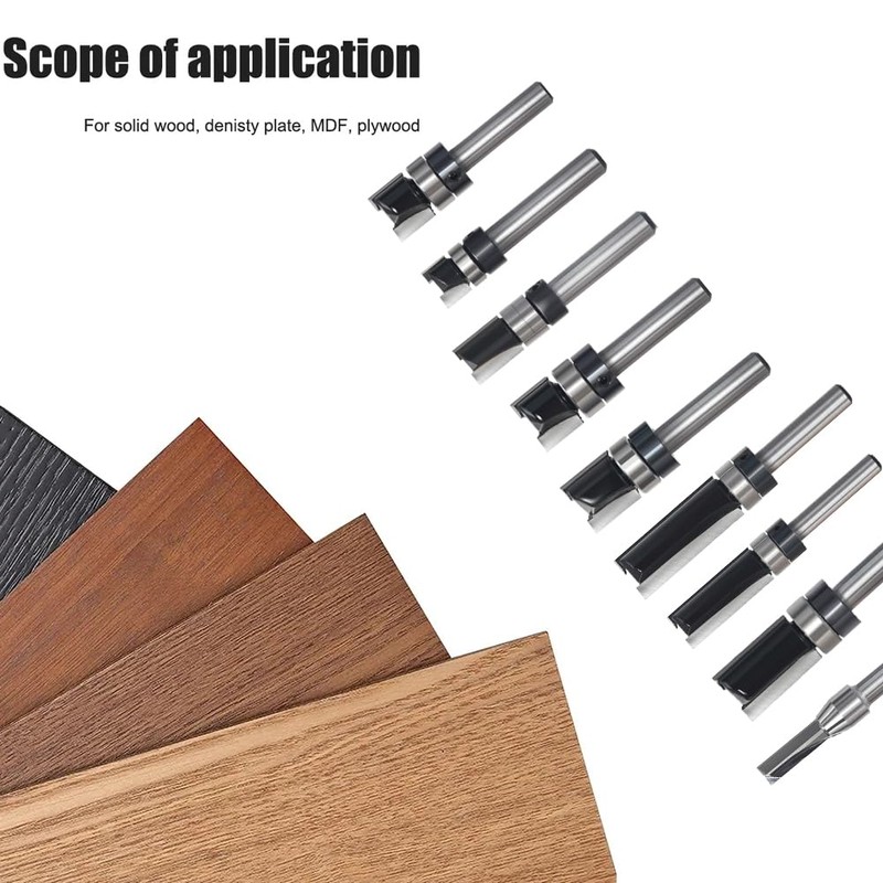 SICWOOD 9pcs Pattern Flush Trim Router Bit 1/4 Shank, Carbide