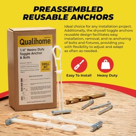 1/4”-20 Quick Easy Heavy Duty Toggle Anchors with Bolts - Hollow Wall Anchors with Steel Wings, Adjustable Up to 2 1/2" Thick Wall, Holds Up to 1080 Lbs, Heavy Duty Drill Bit Included 6 Pack