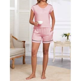 Famulily Women's Pyjamas Set Summer Sleepwear Cap Sleeve Round Neck Cotton Pjs Pleated Front Lightweight Set Pink S