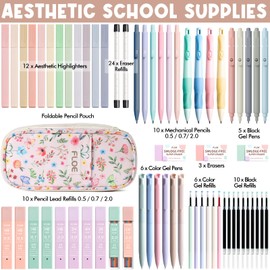 65PCS Aesthetic School Supplies with Cute Pencil Case, Pastel Highlighters Gel Pens Mechanical Pencils Set 0.5 0.7 & 2.0mm, Office Back to School Supplies College Essentials Kit Student Stationary Set