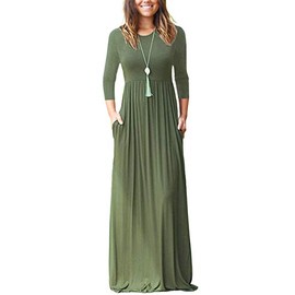 WNEEDU Women's 3/4 Sleeve Casual Loose Long Maxi Dresses with Pocket,Army Green,L