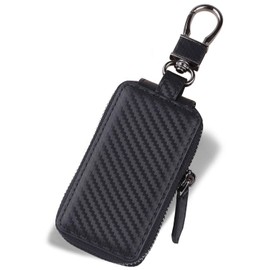 VISOUL Genuine Leather Key Fob Key Bag Car Key Pendant Antique Vintage Carabia Hook Bag Zip, Carbon (black)