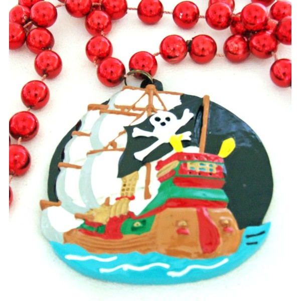 Pirate Ship Medallion Flying Black Flag Mardi Gras Bead Necklace