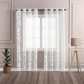 Delien Voile Burnout Curtain with Tendrils Pattern, Sheer Curtain with Eyelets, Living Room Curtain Shawls W x H 140 x 225 cm, White – Pack of 1.