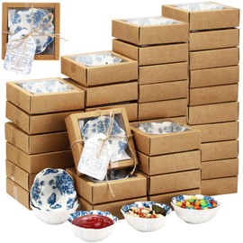Teenyyou 30 Pack Wedding Favors for Guests Small Ceramic Bowls Bulk Gifts Set 3.3 Inch Blue Floral Design Mini Dipping Bowl Sauce Dish with Cards Box for Party Shower Favor Souvenir