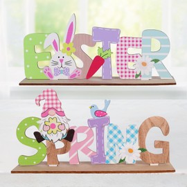 2Pcs Wooden Easter Table Decorations, Spring Gnomes Wood Ornaments, Easter Signs Crafts for Kids, Happy Easter Bunny Table Decorations, Easter Party Centerpieces, Easter Letter Board Ornaments