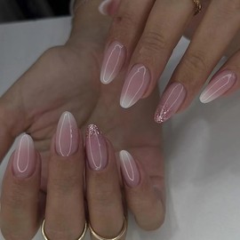 ANDGING Ombre Almond Press on Nails Pink White Short Medium Fake Nail with Bling Designs Stick on fake on Nail for Wedding Manicure Classy for Women Gel Full Cover 24 Pcs