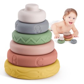 BOBXIN Baby Stacking & Nesting Rings Toy, Soft Circle Stacker, 6 pcs Building Stacker,Teethers,Squeeze Play with Letter,Animal and Graphic,Toddler Sensory Learning Montessori Toys for Babies 6 Months+