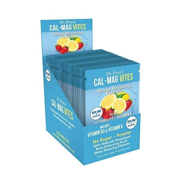 Cal-Mag Vites Calcium Magnesium Powder for Men and Women | Vitamin K, D, Mineral Supplement | Natural Calming Stress Relief Drink | Strawberry-Lemon 30 Packets | Dr. Price's Vitamins, No Sugar Non-GMO