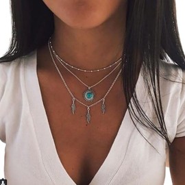 Prosy Layered Boho Turquoise Pendant Necklaces Silver Feather Choker Necklace Chain Adjustable Jewelry for Women and Girls