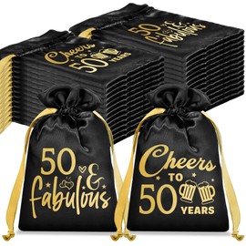 Sweetude 30 Pcs 50th Birthday Party Favor for Guest Cheer to 50 Years Black Satin Gift Bags with Drawstring 50th Anniversary Party Favors Silk Gift Candy Bags for Birthday Decoration