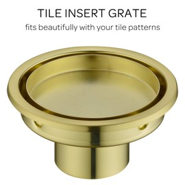 Orhemus 4 Inch Round Design Tile-in Shower Drain with Adjustable Shower Drain Base Flange, SUS 304 Stainless Steel Floor Drain with Tile Insert Grate Removable Cover, Brushed Gold Brass Finished