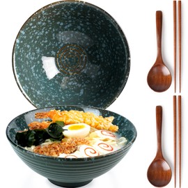 NUTRIUPS 8 Inch Ceramic Ramen Bowl Set of 2 Pho Bowls 40oz Japanese Noodle Udon Soup Bowls with Spoons and Chopsticks (Deep Ocean Green)