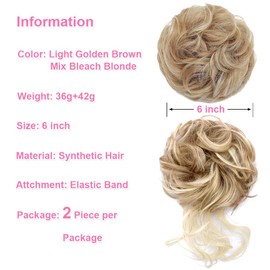 YOLANFAIRY 2PCS Messy Bun Hair Piece Wavy Curly Tousled Updo Hair Buns Synthetic Chignon Elastic Hair Band Fake Bun Hair Pieces for Women (Lighe Golden Brown Mix Bleach Blonde, 2PCS Diverse)
