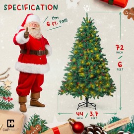 CAPHAUS 6 Feet Premium Full Artificial Pre-lit Christmas Tree w/ 800 Branch Tips Pre-Hinged & Foldable Stand, 250 LED Lights, Holiday Fake Xmas Tree w/Pinecones, Berries for Indoor Decoration