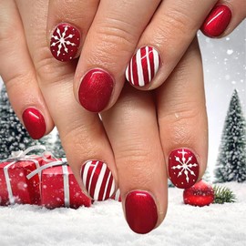 Christmas Snowflakes Press on Nails Short Squares Fake Nails Red Designs False Nails Red White Stripes Full Cover Glossy Stick on Nails for Winter Women and Girls DIY Manicure Decoration 24Pcs
