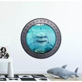 Great White Shark in Shallow Water Ocean Porthole Window Wall Sticker Removable Fabric Wall Decal (12" Tall x 12" Wide)