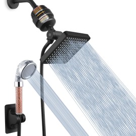 Voolan Filtered Shower Head, High Pressure Rain Shower with Handheld Shower Filter Combo with Self-adhesive Holder/59" Hose -1 Replaceable Filter Cartridge (Black)