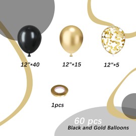 Black and gold Confetti Balloons, 60pcs 12 Inches Gold and Black Party Balloons with 1 Ribbon for Graduation Birthday Baby Shower Wedding Party Decorations