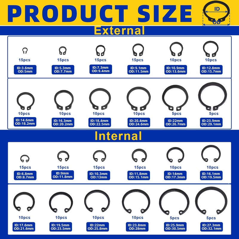 Erzekrim 261 Piece C-Clip Retaining Ring Set 24 Different Sizes