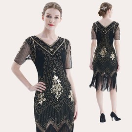 ELFIN 20s Dresses Flapper Dress Women's Fringe Sequin Dress 20s Party Dress Accessories 1920s Costume Dresses with Headband, Headpiece, Long Black Gloves, Necklace, S, Black Gold