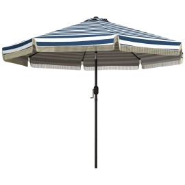 9ft Blue Stripe Garden Umbrella with Tilt Crank and Ruffled Design Patio Umbrellas & Bases for Deck and Pool Shadecolor: Blue1