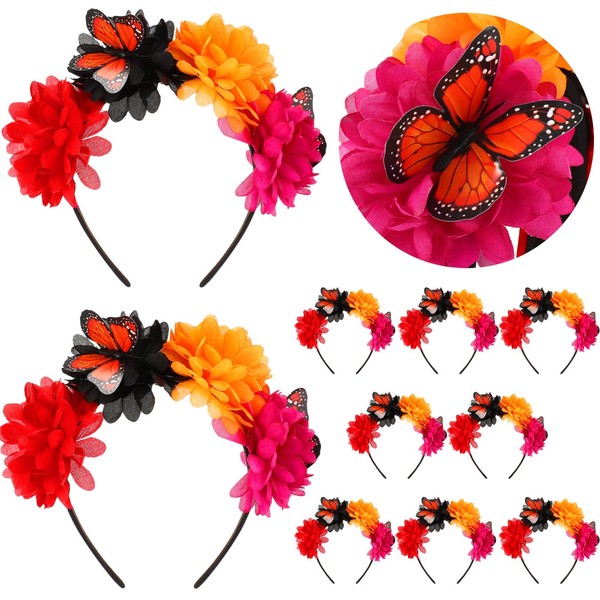 Hotop 10 Pcs Cinco De Mayo Mexican Flower Crown Headbands with Monarch Butterfly 5 De Mayo Sombrero for Fun Fiesta Hat Party Supplies Halloween Costume Dia De Muertos Wedding Luau Event Photo Props