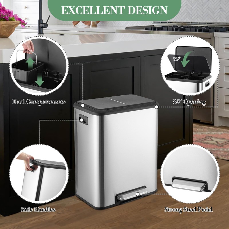 8 Gallons/30 L Dual Trash Can with Lid, Stainless Steel