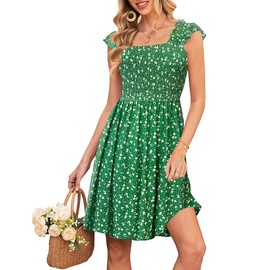 Naggoo Womens Smocked Milkmaid Dress Floral Sundresses Casual Empire Waist Green Dresses Flowy Soft Cotton Dress XL Green