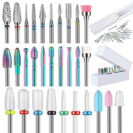 30Pcs Nail Drill Bits Set with 30 Holes Holder, 3/32 Inch 12Pcs Tungsten Carbide Bits& 7Pcs Diamond Carbide Drill Bits for Nails& Ceramic Nail Bits&2Pcs Quartz Pointed Nail Bits for Nail Drill