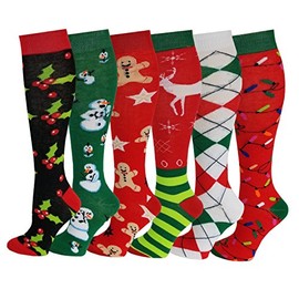 6 Pairs Women's Fancy Design Multi Colorful Patterned Knee High Socks,Christmas 2017,Size 9-11 ( Fit women shoe size 4 to 10 )