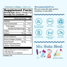 Colostrum Collagen Peptide Protein Powder Hydrolyzed HydroPeach Gut Health, Skin & Immune Support | 1g Bovine Colostrum 2g Collagen Peptides 20mg Peach Ceramides Blend Unflavored 25 Servings, No Sugar