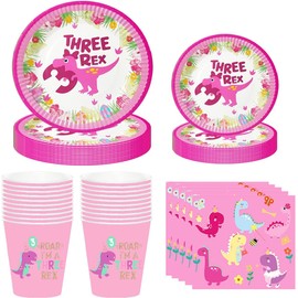 Pink Dinosaur 3rd Birthday Party Supplies 3 rex Birthday Decorations for girl include 40pcs Dinosaur Paper Plates,20pcs Cups,20pcs Napkins Dinosaur Birthday Decorations