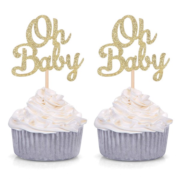 Giuffi - Juego de 24 decoraciones para cupcakes, diseño con texto"Baby One", Dorado, 24.00