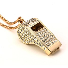 UnisonPet Rhinestone Whistle Necklace with Chain, Bling Crystal Metal Whistle for Women, Coaches, Referees, Teachers, Fashion Jewelry Gift (Glod)